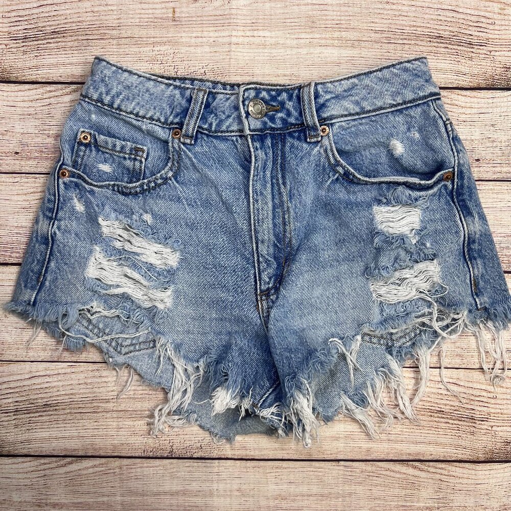 Garage Denim "Festival" Cut-Off Shorts | Size 00 | Light Wash | Heavy Distressed
